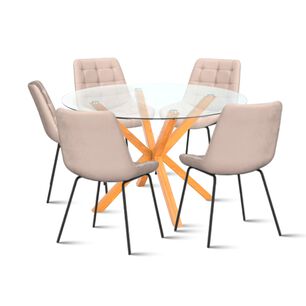 Mesa De Comedor Redonda De Vidrio Cross 120cm + 5 Silla Macron Terciopelo - Beige