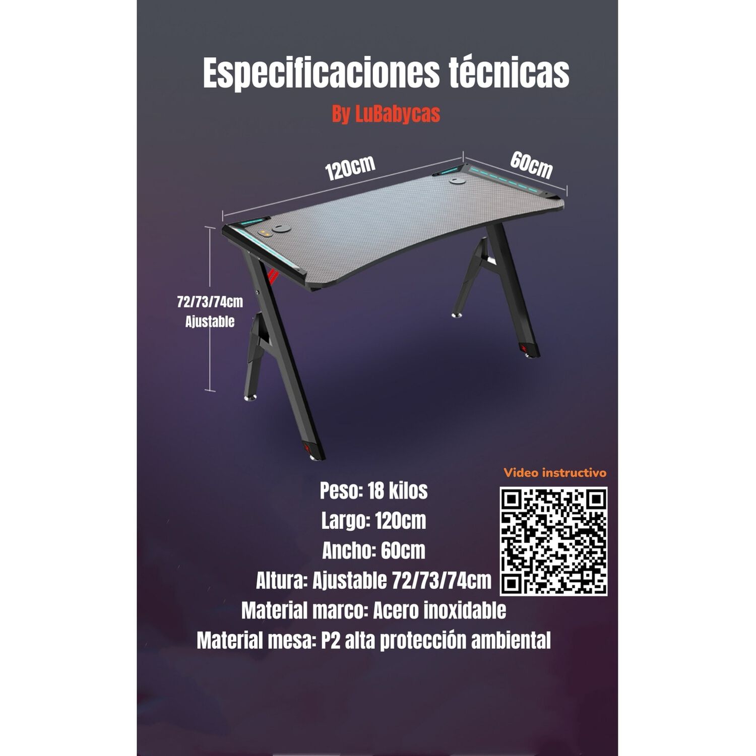 Escritorio Gamer Con Luces 120x60x73cm Negro By Lubabycas image number 14.0