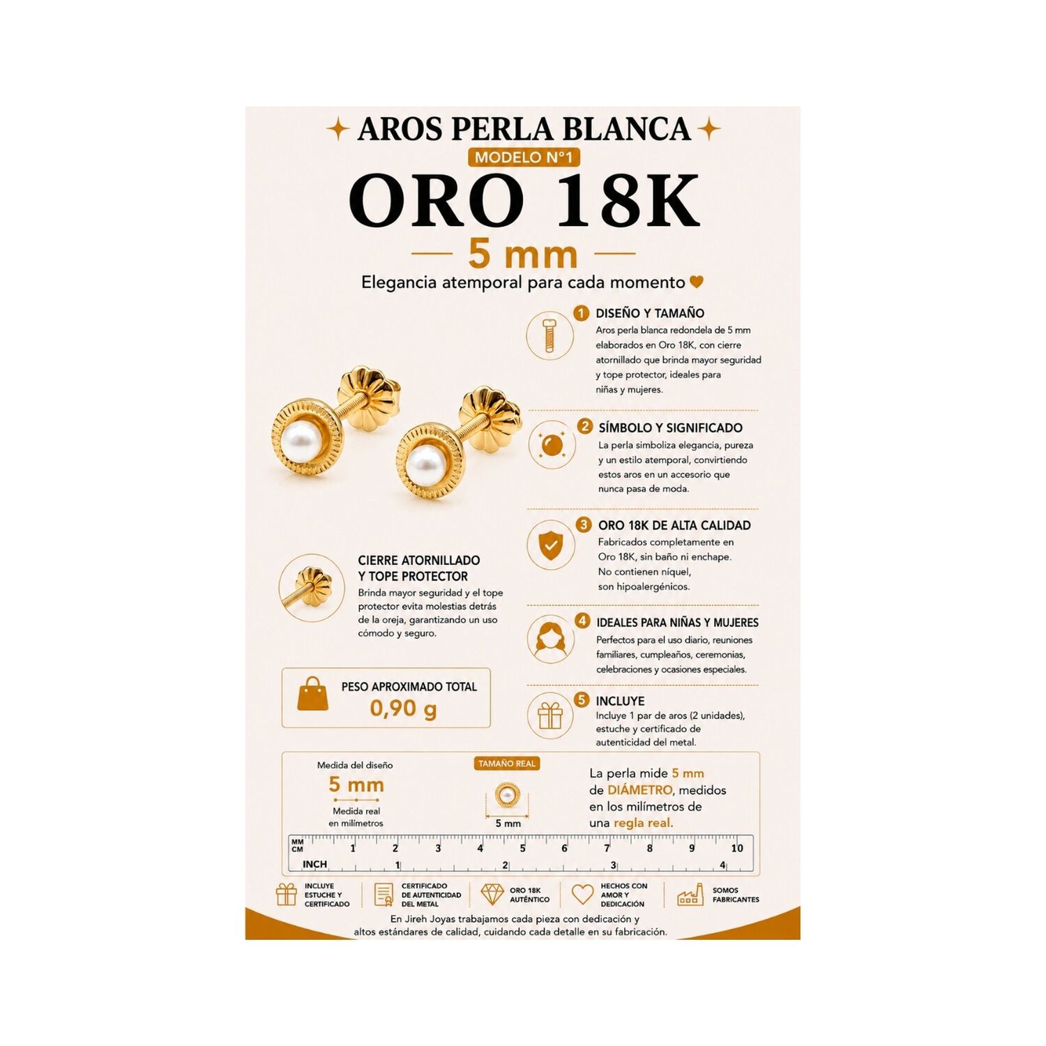 Aros Perla Blanca Redondela 5mm Oro 18k 0.90gr Mujer Ni&ntilde;a Dorado image number 4.0