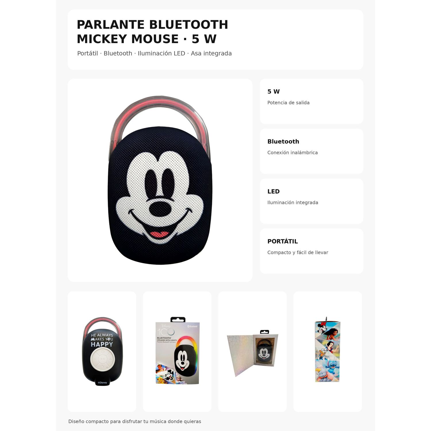 Parlante Bluetooth Mickey Mouse Disney 5w Con Luz Y Clip image number 5.0