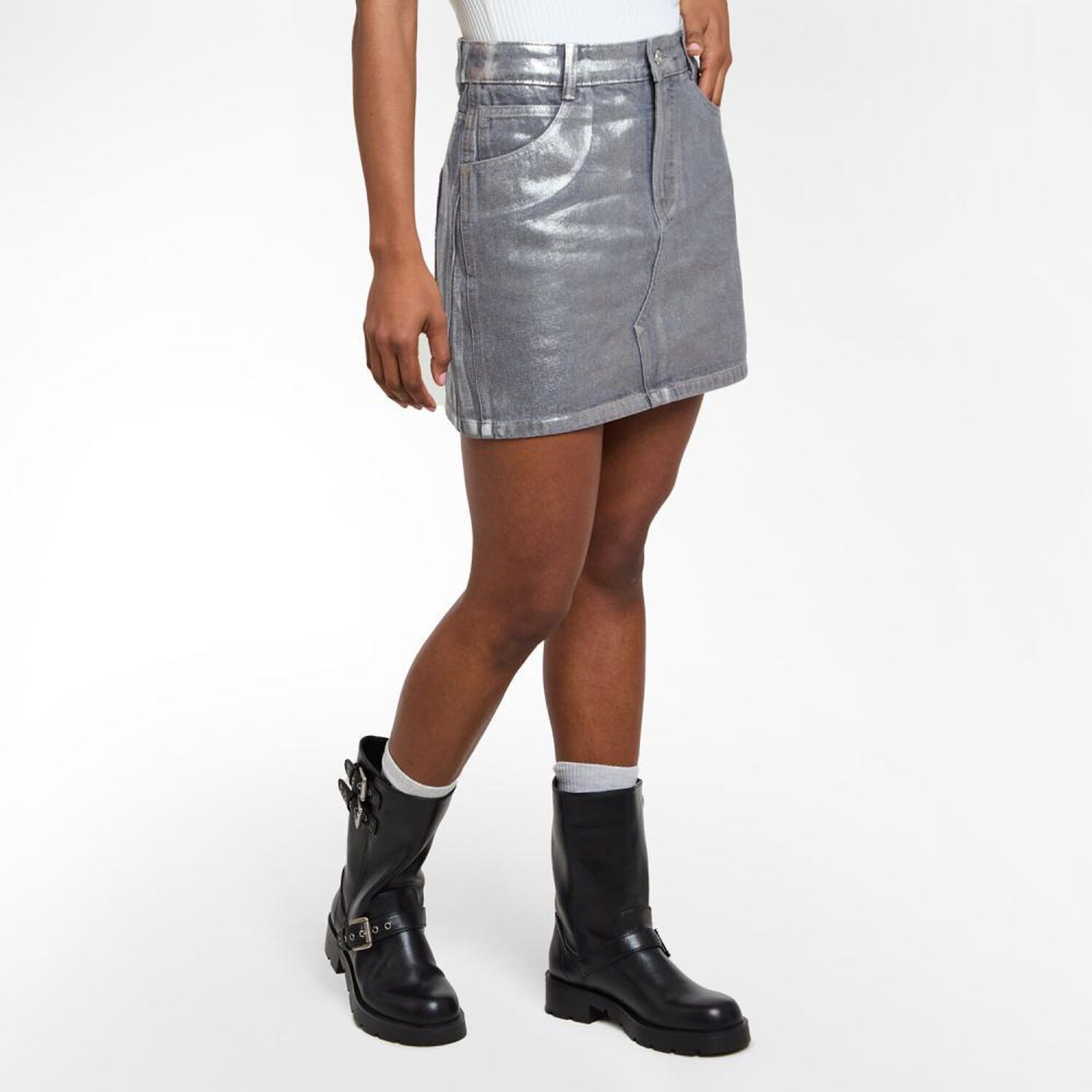 Falda Denim Metalizada Tiro Medio Skinny Mujer Rolly Go image number 2.0