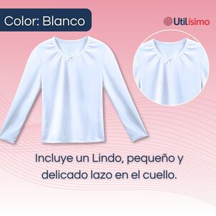 Pack 6 Camisetas Algod&oacute;n Manga Larga Polera Ni&ntilde;a Primera Capa Cuello Redondo Blanca