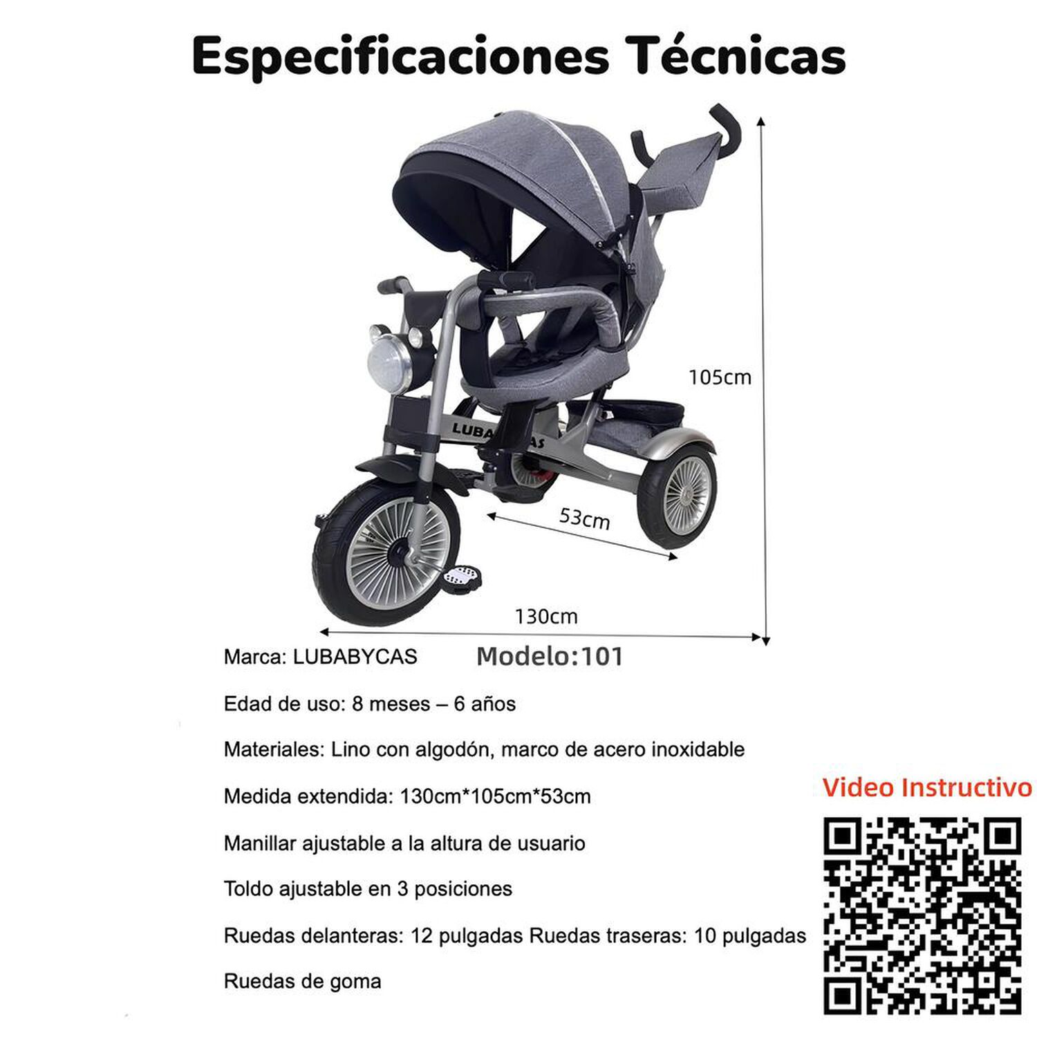 Triciclo Multifuncional 360&deg; Con Luces Lubabycas Negro image number 4.0