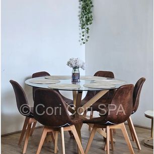 Comedor Warwick 120cm + 6 Sillas Capitonne Ecocuero Vintage Cafe