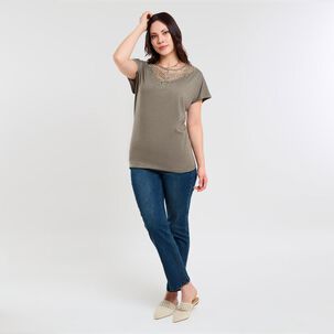 Polera Lisa Manga Corta Cuello Redondo Aplicación Brodery Mujer Sexy Large