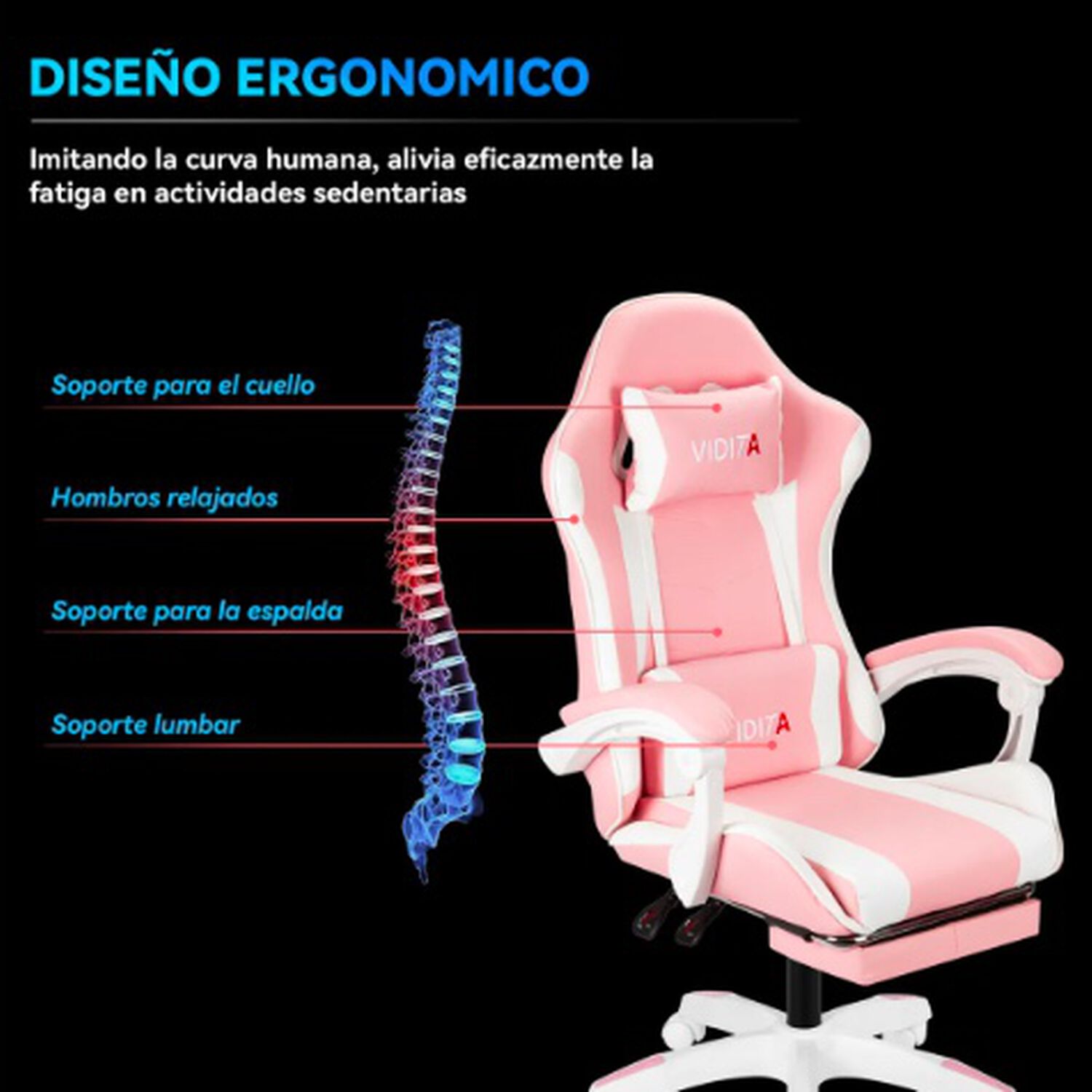 Silla Gamer Ergon&oacute;mica Rosa image number 3.0