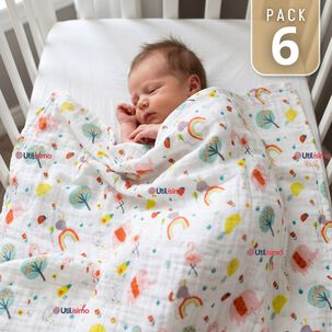 Pack 6 Mantas Muselina 70x 70 Cm Beb&eacute; Ni&ntilde;o Multiuso 100% Algod&oacute;n Colores Surtidos