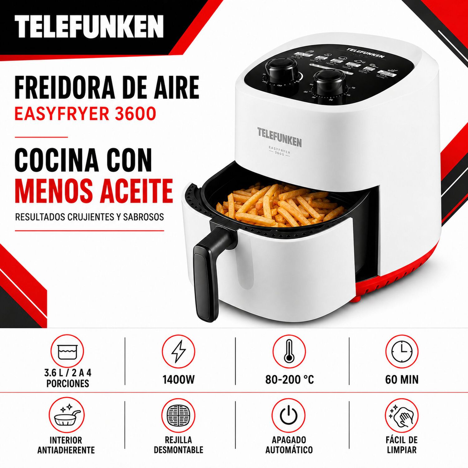 Freidora De Aire Telefunken 1400w Easyfryer 3.6 Lt 200&deg; Max image number 6.0