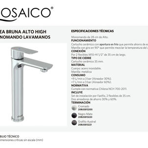 Monomando Lavatorio Llave Modelo Bruna Alto High Stretto Acabado Cromado Color Cromo