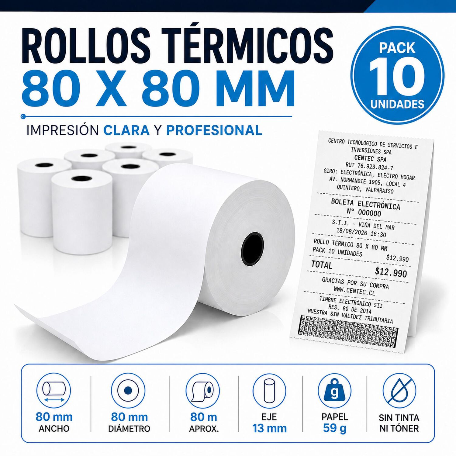 Rollo T&eacute;rmico 80x80mm (pack 10 Unidades) Premium Quality 59g image number 6.0
