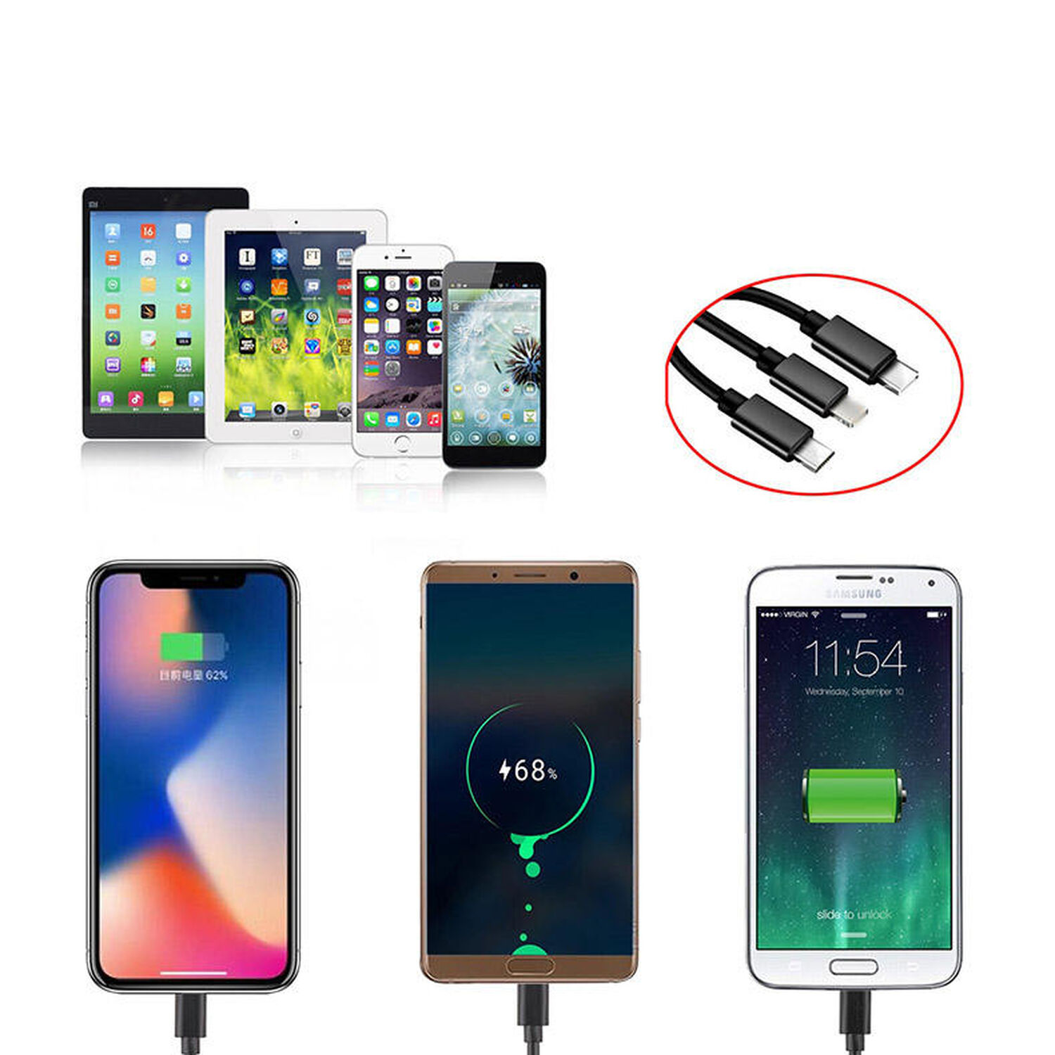 Cargador De Celular Auto 4 En 1 2.1 Aamperes 1 Usb Y 3 Cables Carga Rapida Smarprhone Android Samgung Tipo C Y Iphone Lightining Usb Libre image number 4.0