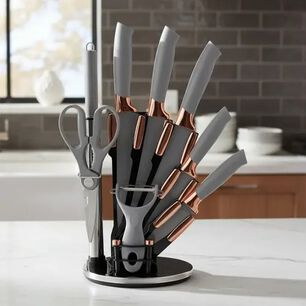 Set Cuchillos De Cocina 9 Piezas Con Base Giratoria Liso Gris