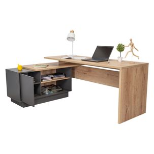 Escritorio En L 1 Puerta Y Estantes Fm-015c Caf&eacute; Claro Y Plomo