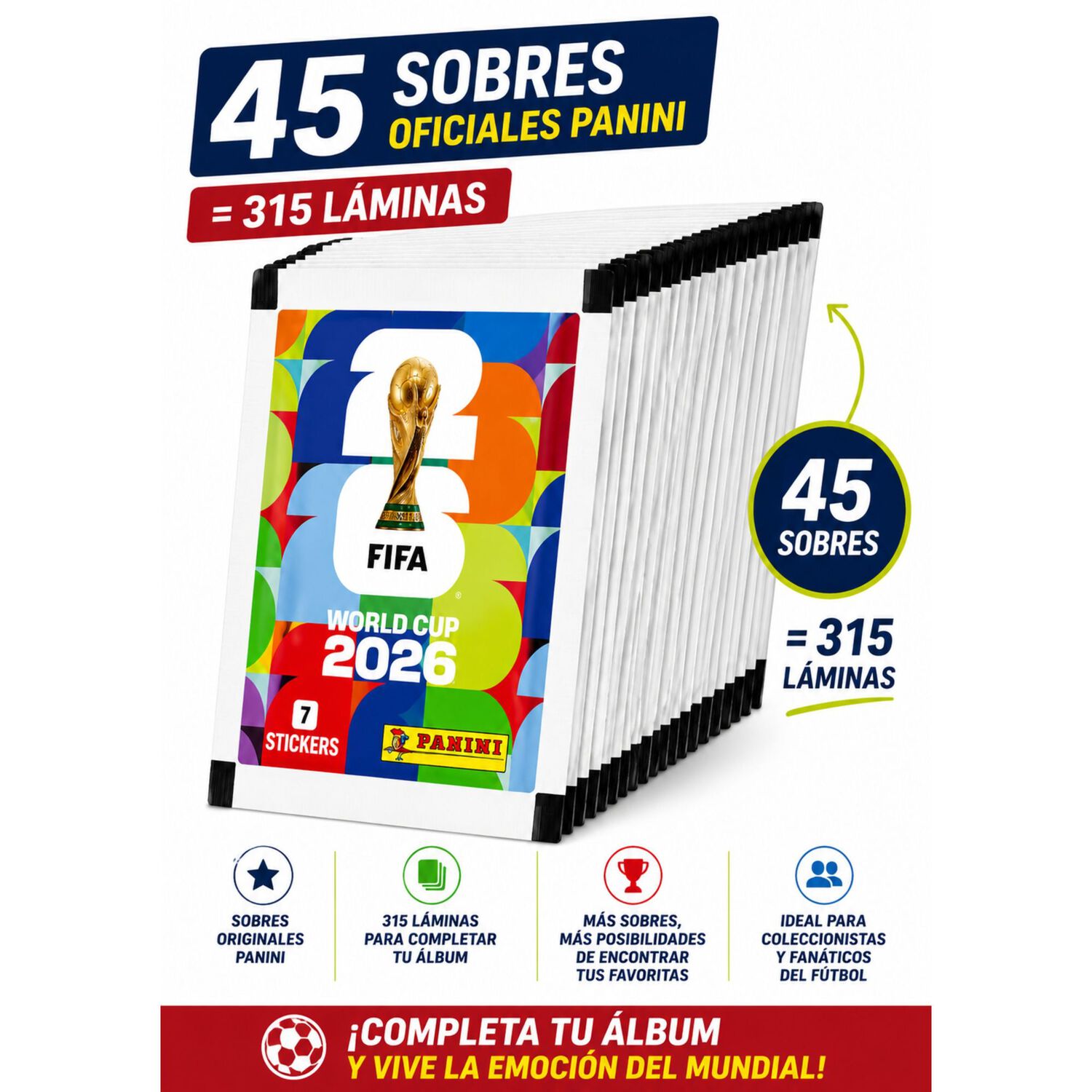 Pack 45 Sobres Panini Mundial Fifa 2026 Original 315 L&aacute;minas image number 2.0
