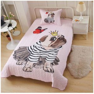 Cubrecama Quilt Pug Rosa Estampado Plaza Y Media