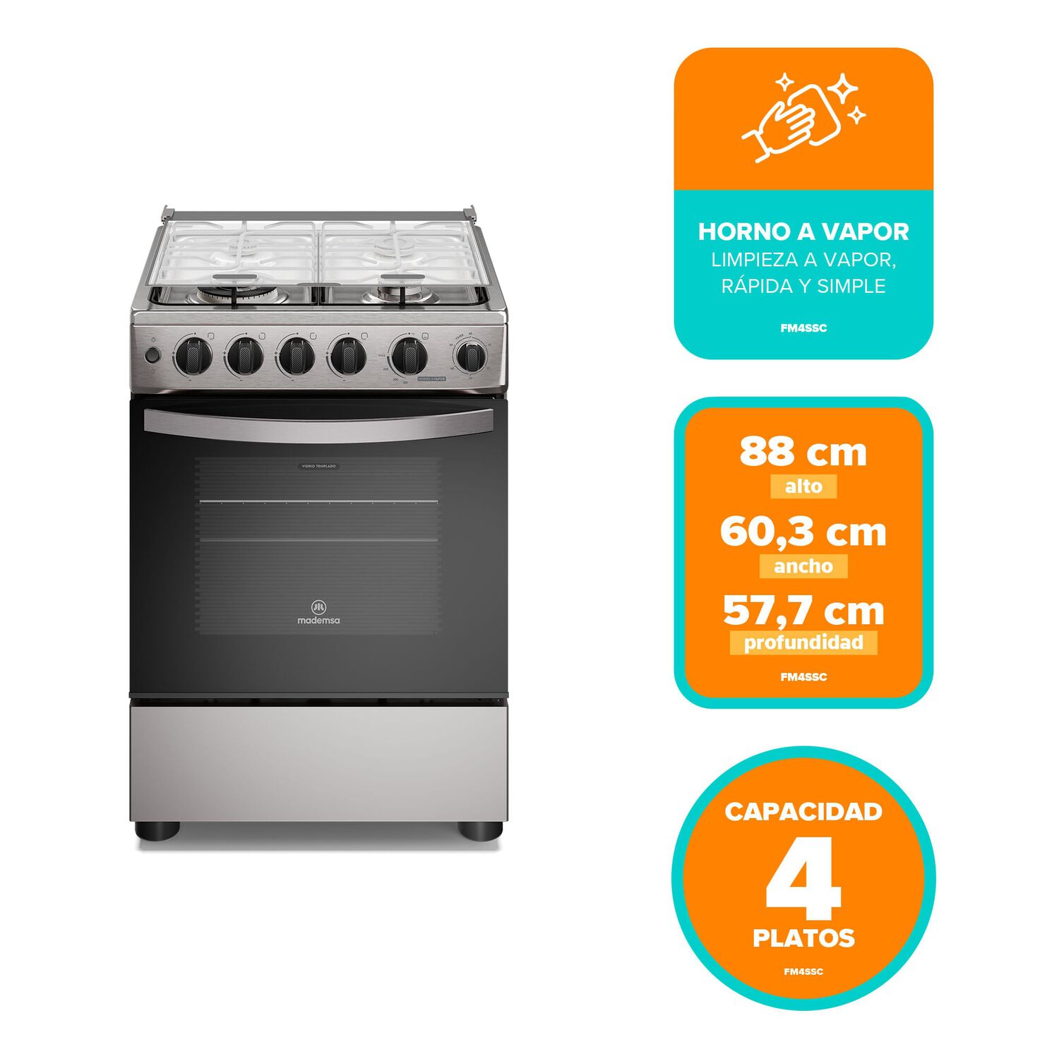 Cocina A Gas 4 Platos Horno Vapor Y Triple Llama Fm4ssc Inox image number 3.0