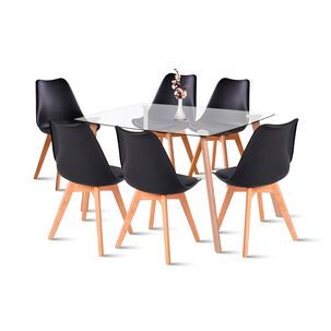 Comedor Mesa De Vidrio N&oacute;rdica 140x90 Cm + 6 Sillas Tulip Negras