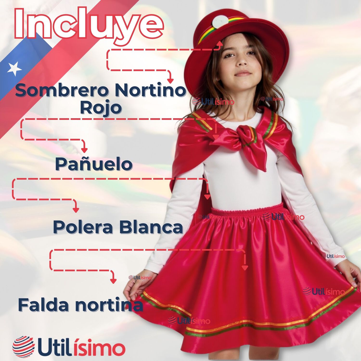 Pack 6 Traje Nortino Con Polera Fiestas Patrias Baile Nortino Rojo image number 2.0