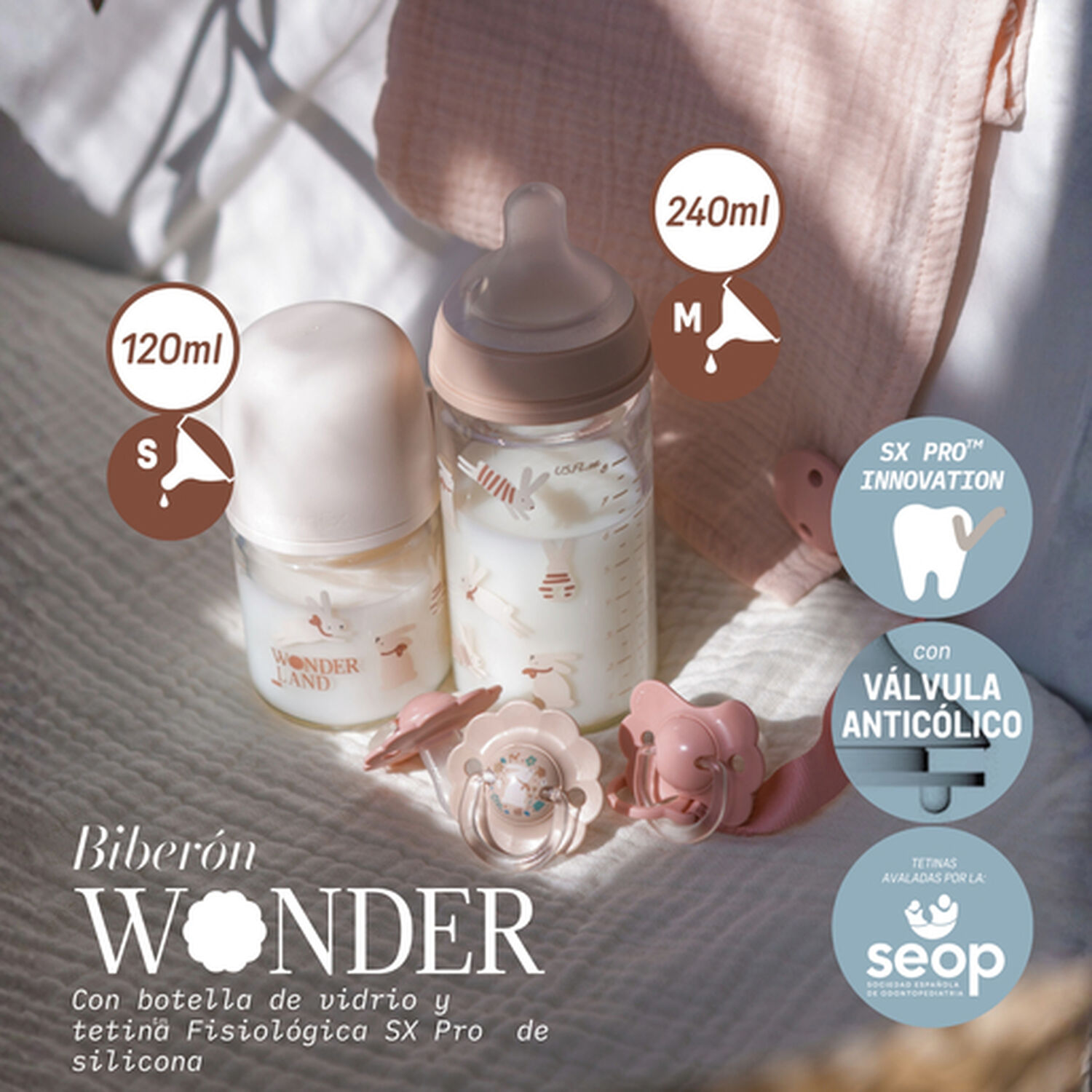 Mamadera Vidrio 120ml Fisiol&oacute;gica Silicona Flujo Xs Wonder Bunny Rosa image number 2.0