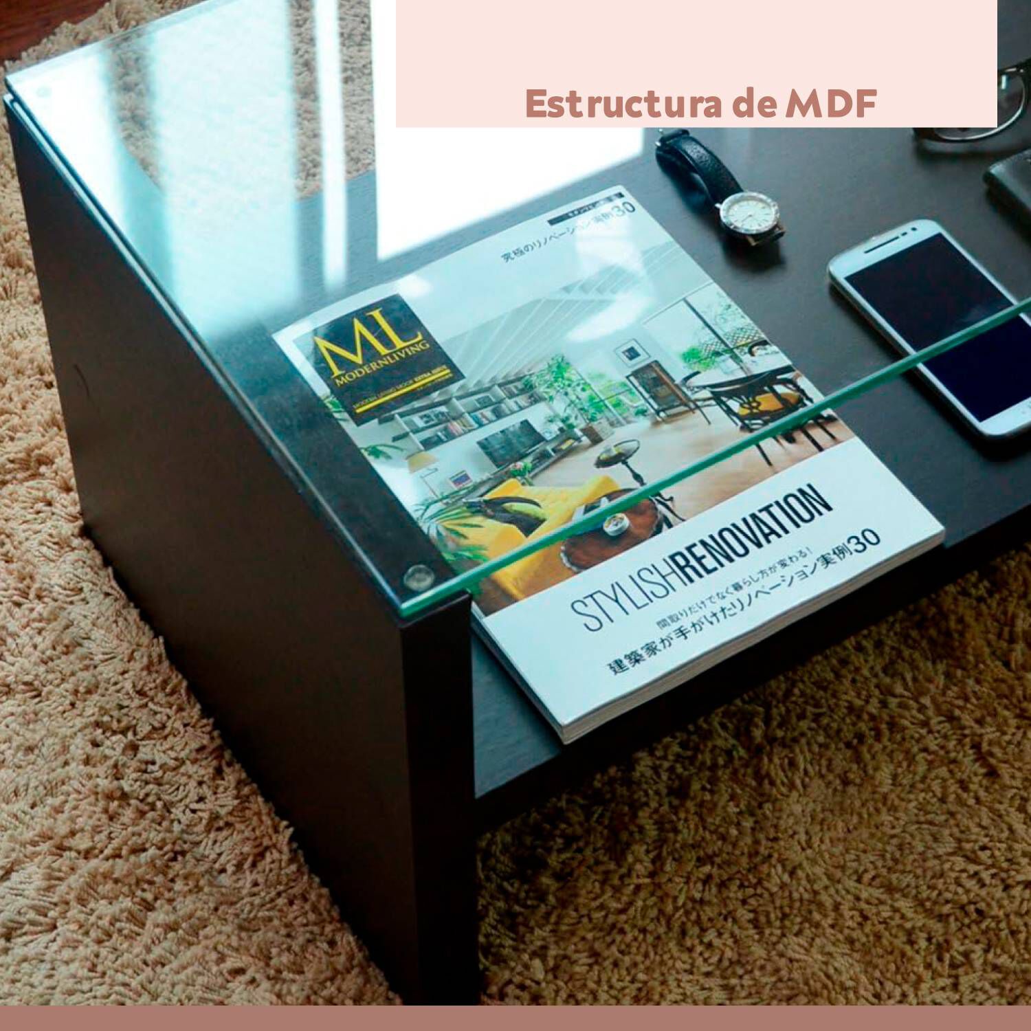 Mesa De Centro 120cm Walnut Con Vidrio Templado Y Estante Inferior image number 4.0