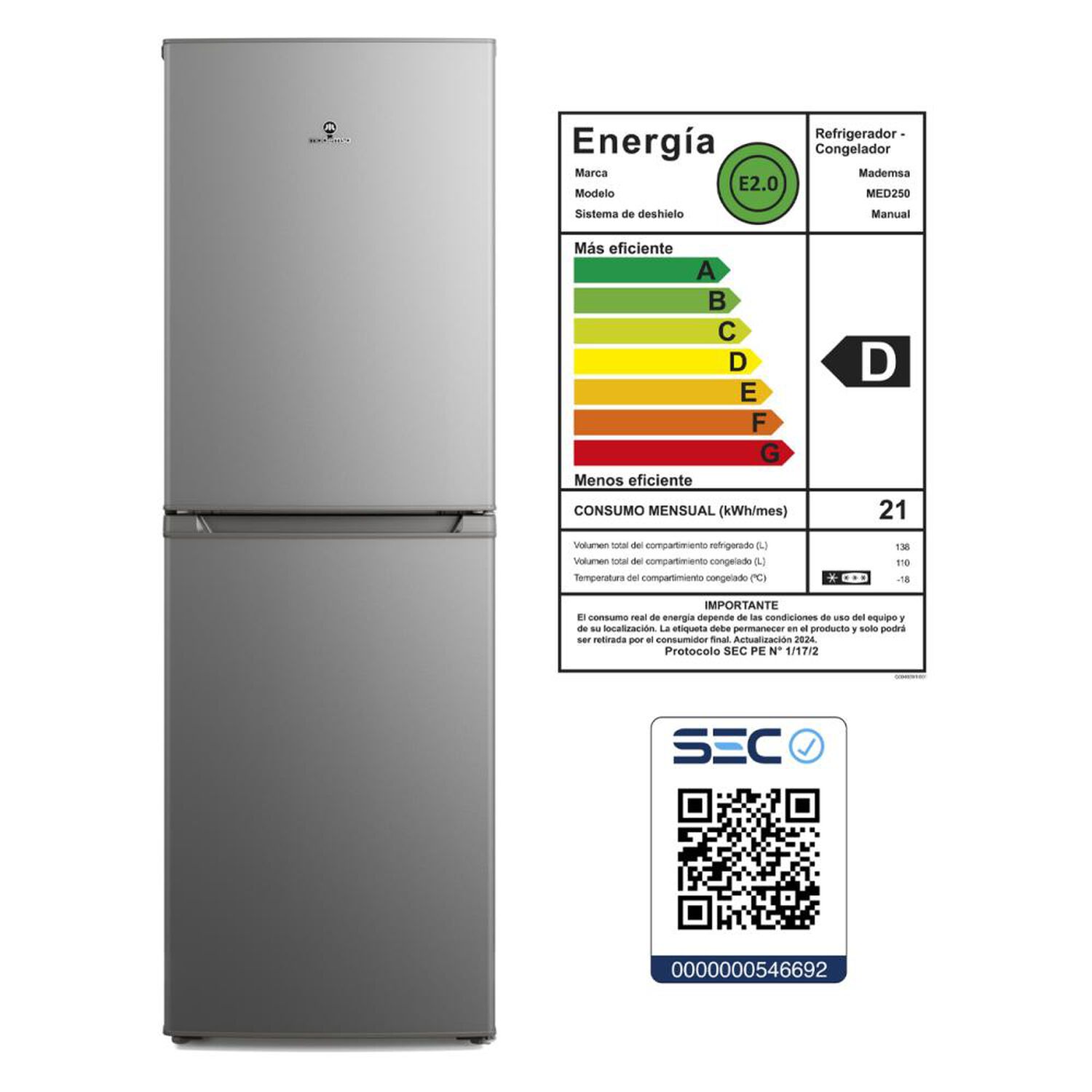 Refrigerador Bottom Freezer Mademsa MED250 / Fr&iacute;o Directo / 248 Litros / D image number 7.0