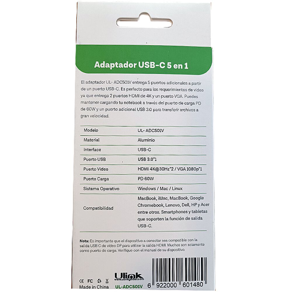 Hub Adaptador Type-c (5en1) 4k Hdmi X2/ Vga/ Type-c/ Usb 3.0 image number 7.0