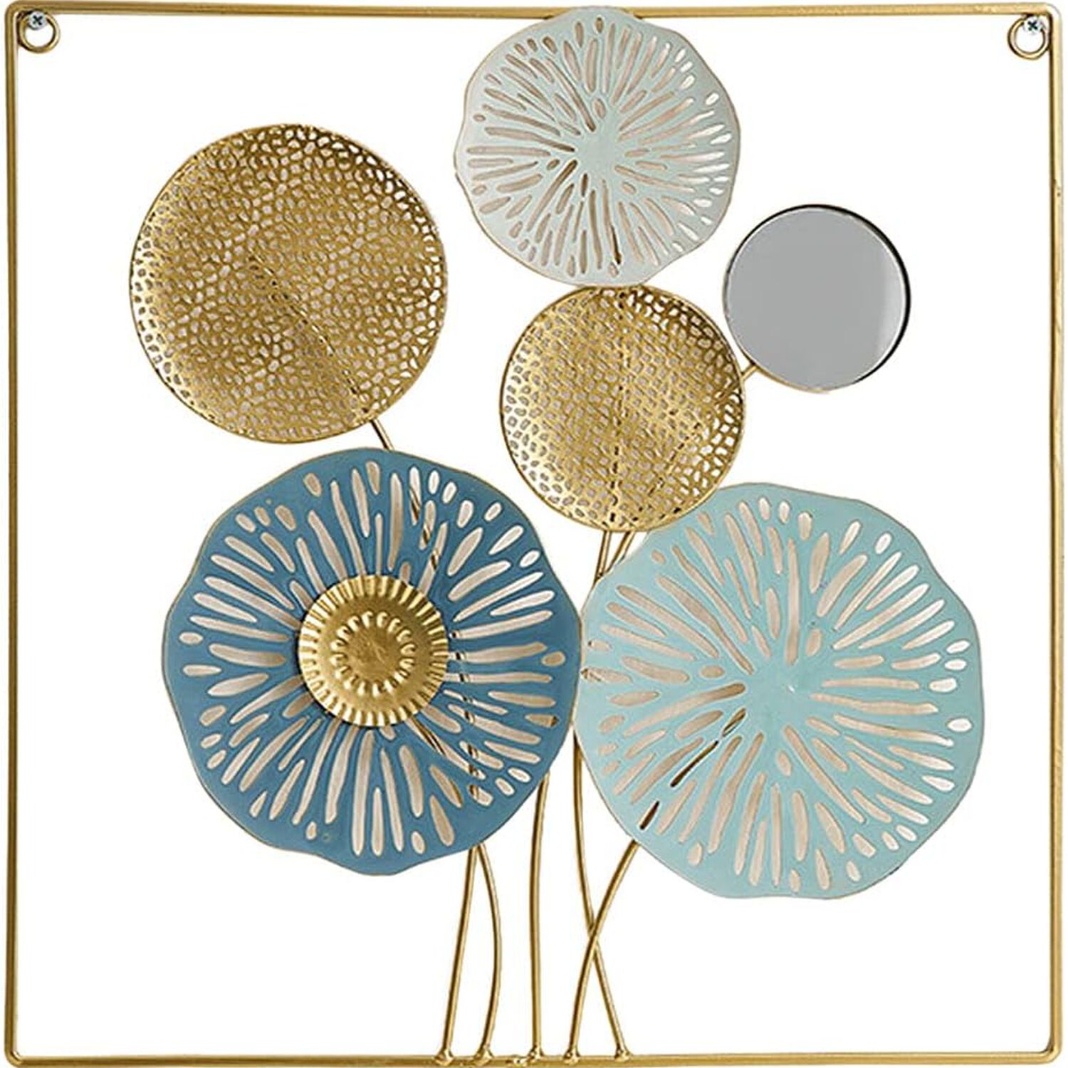 Cuadro Decorativo Met&aacute;lico Floral Con Espejo 45x45 Cm Dise&ntilde;o Calado Dorado Y Azul image number 1.0
