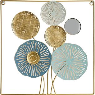 Cuadro Decorativo Met&aacute;lico Floral Con Espejo 45x45 Cm Dise&ntilde;o Calado Dorado Y Azul