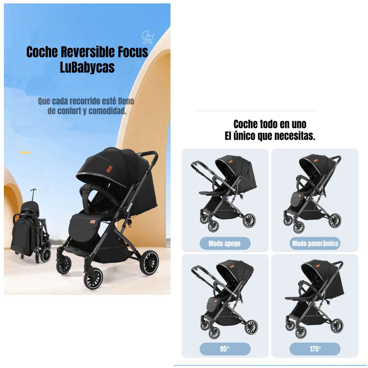 Coche Paseo Reversible Con Mosquitero Focus Gris Lubabycas image number 4.0