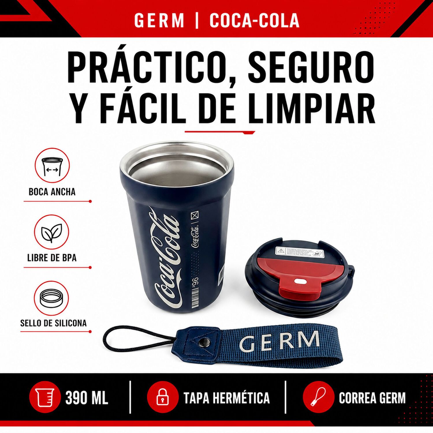 Vaso Termico Mug Germ Coca-cola Acero Inoxidable 390ml Navy image number 8.0