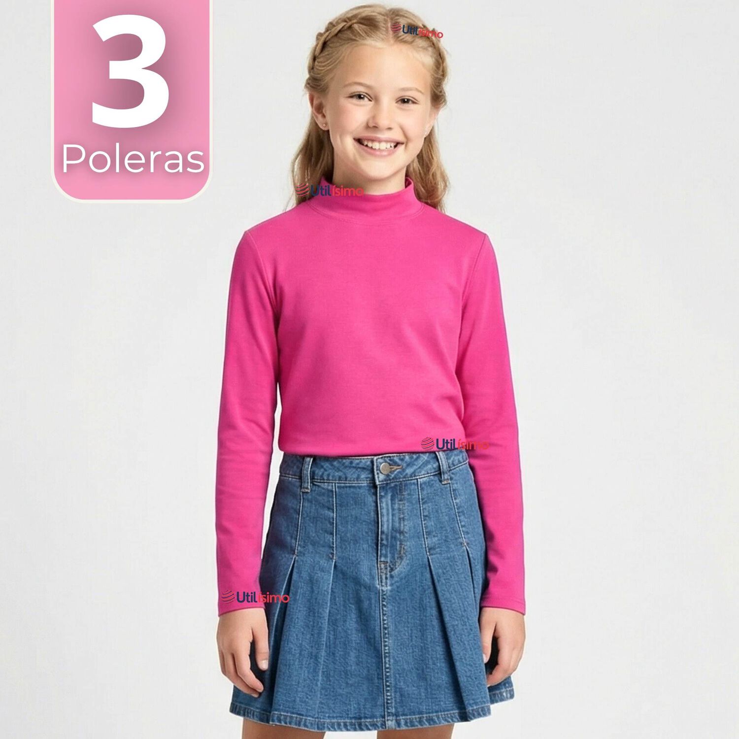 Pack 3 Poleras Camisetas Polar Fucsias Primera Capa Cuello Beatle Manga Larga Ni&ntilde;a image number 0.0
