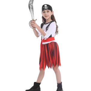 Disfraz Infantil Pirata Para Niña Chile - Traje Completo Con Falda Roja, Blusa Blanca Y Chaleco Negro
