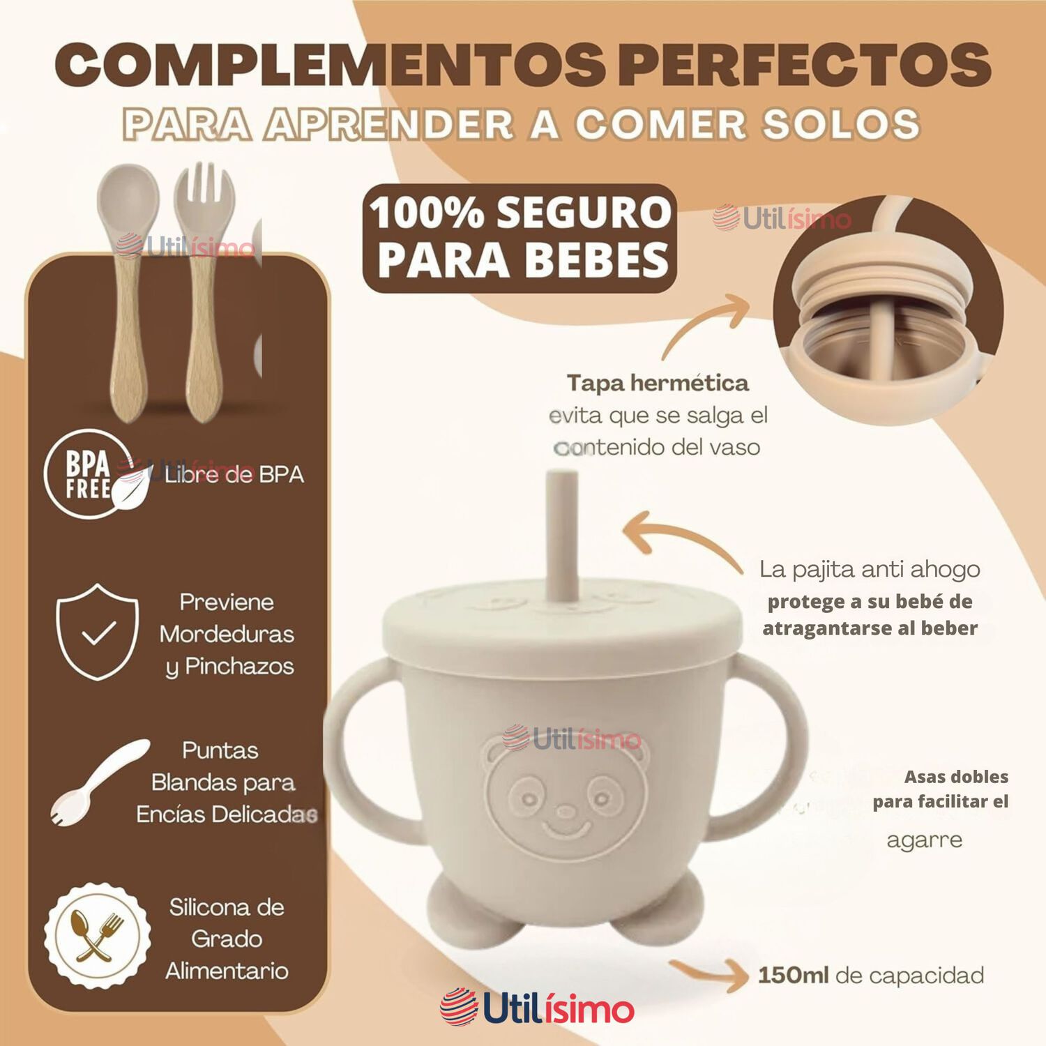 Set De Alimentaci&oacute;n Beb&eacute; Silicona De Oso 6 Piezas Libre Bpa Color Beige image number 9.0