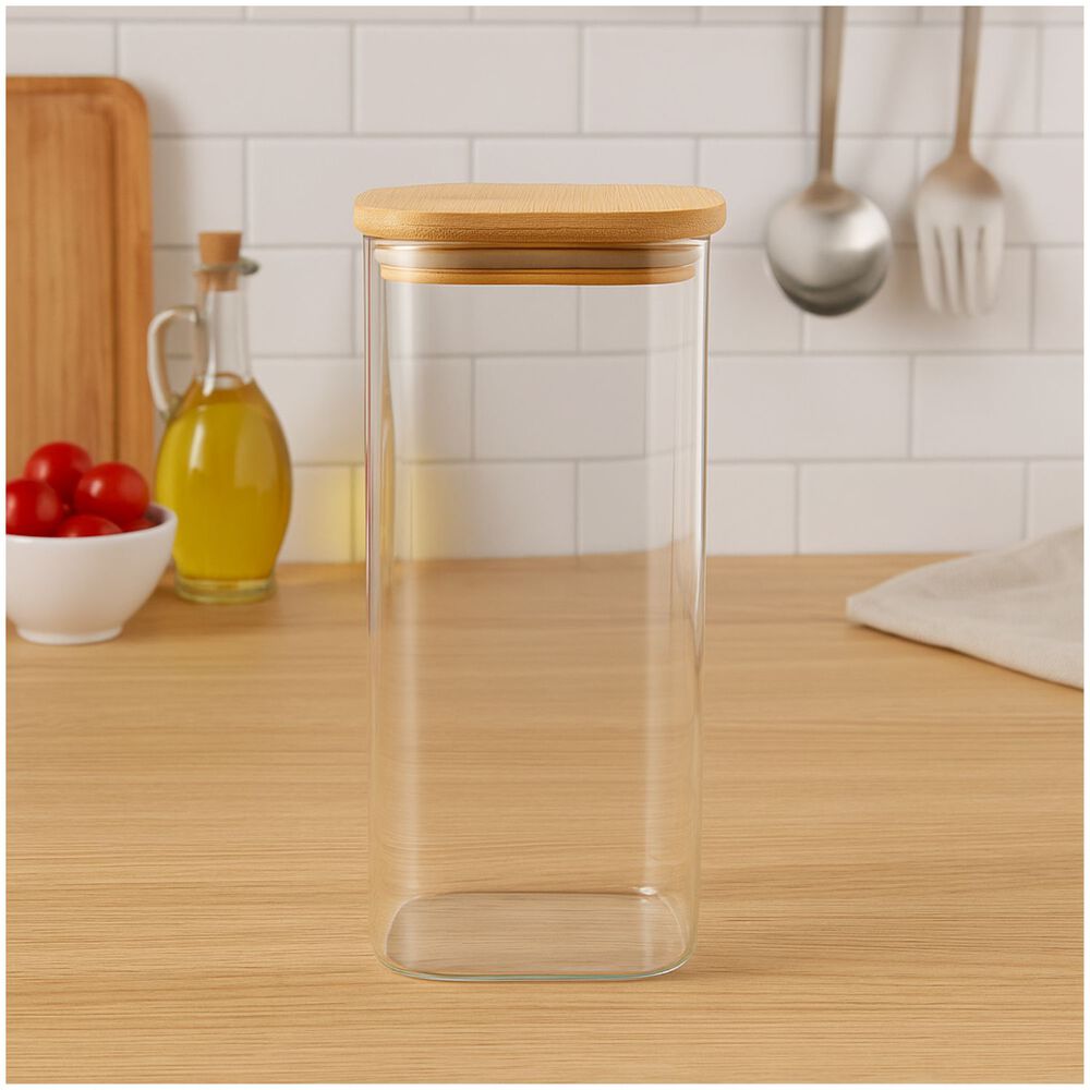 Frasco Hermetico Cuadrado 1400ml Vidrio 15cm Con Tapa Bambú image number 0.0