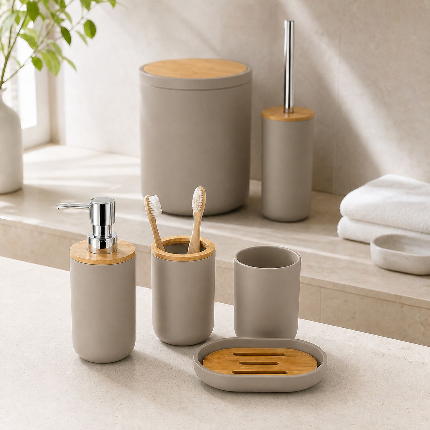 Set De Ba&ntilde;o Completo 6 Piezas De Abs Y Bambu Color Taupe Con Basurero Dispensador Y Escobilla image number 3.0