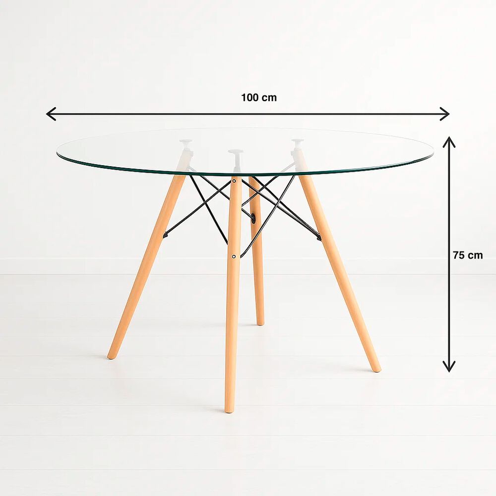 Comedor Mesa Eames Redonda Vidrio 100cm + 4 Sillas Eames Patchwork Tela Wood Celeste image number 3.0