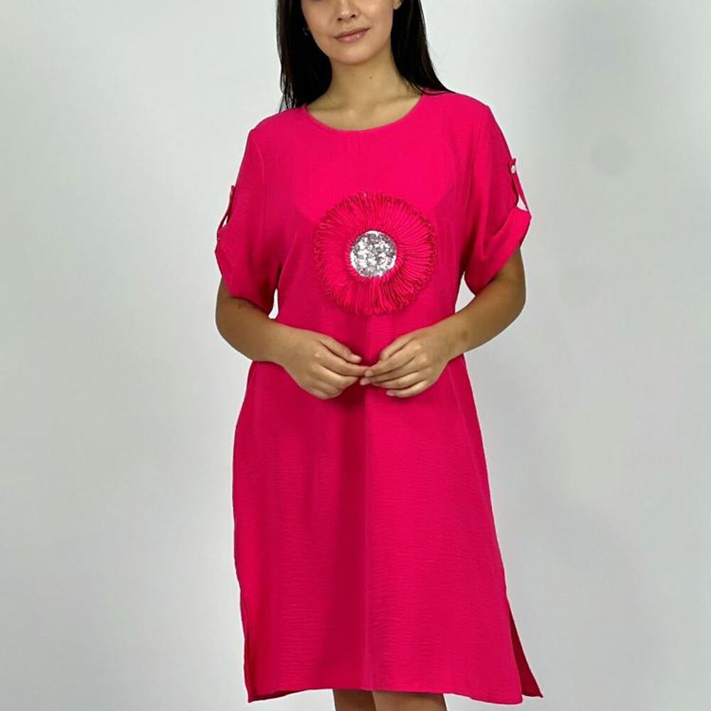 Vestido Crepe Holgado Circulo Con Brillo Beige Enigmática Boutique image number 4.0