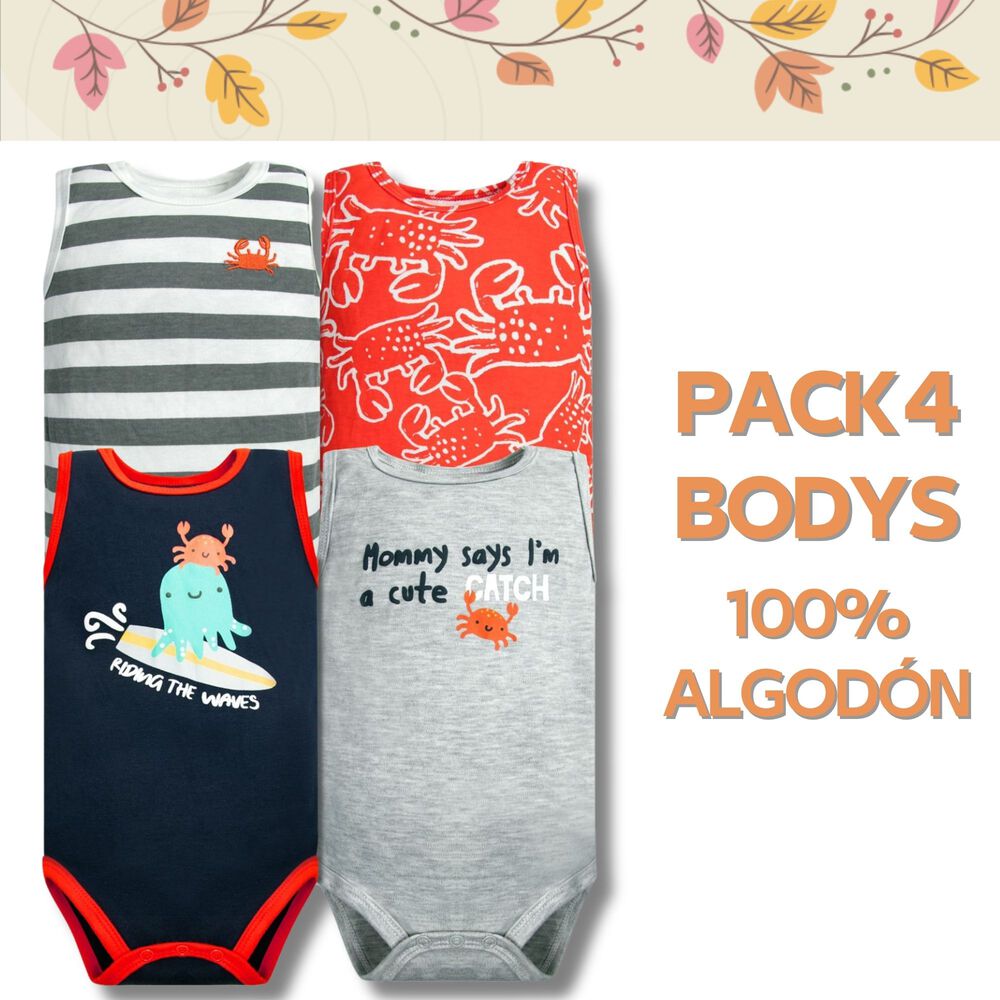 Pack 4 Bodys Ni&ntilde;o Sin Manga Corta Tedmimak 100% Algod&oacute;n Cangrejo Rojo image number 4.0