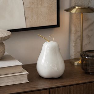 Figura Decorativa Pera De Cer&aacute;mica Blanca Con Detalle Dorado