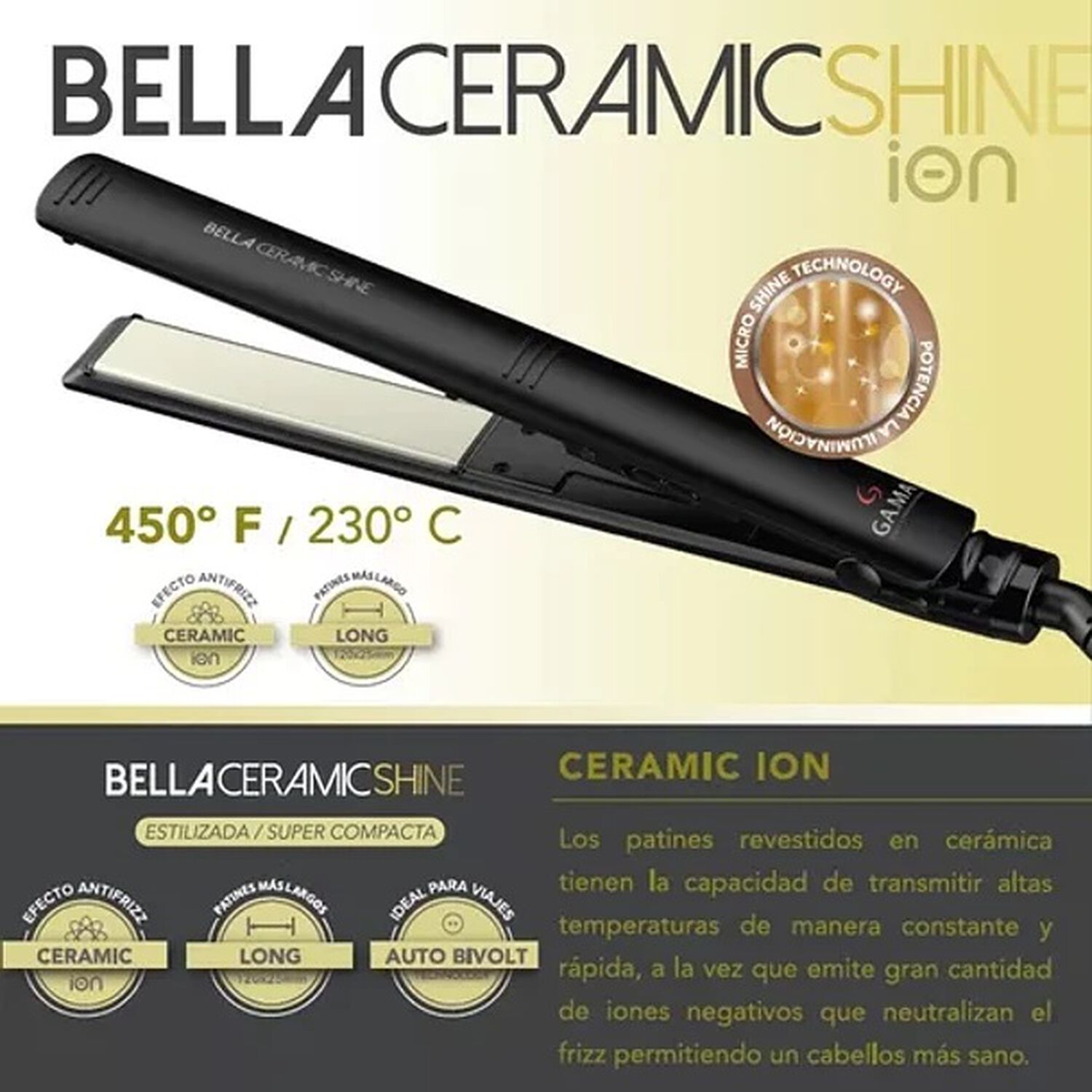 Plancha Alisadora Bella Ceramic Shine Ion 230 Negra Gama image number 4.0