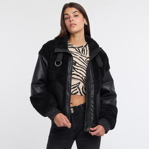Chaqueta Corderito Con Broches Y Aplicación Ecocuero Cuello Alto Mujer Rolly Go