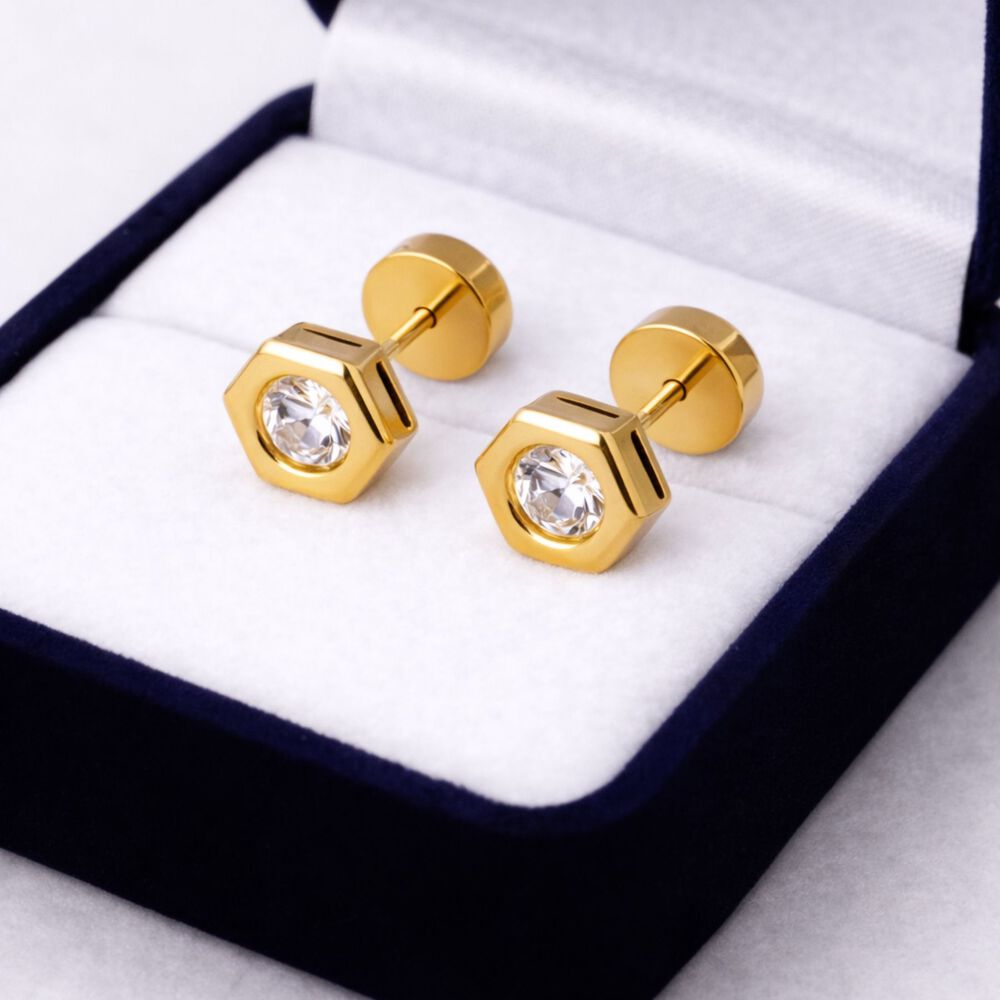 Aros Abridores Hex&aacute;gonal 6 Mm Oro 18k Con Circ&oacute;n Blanco Y Tope A Presi&oacute;n image number 2.0