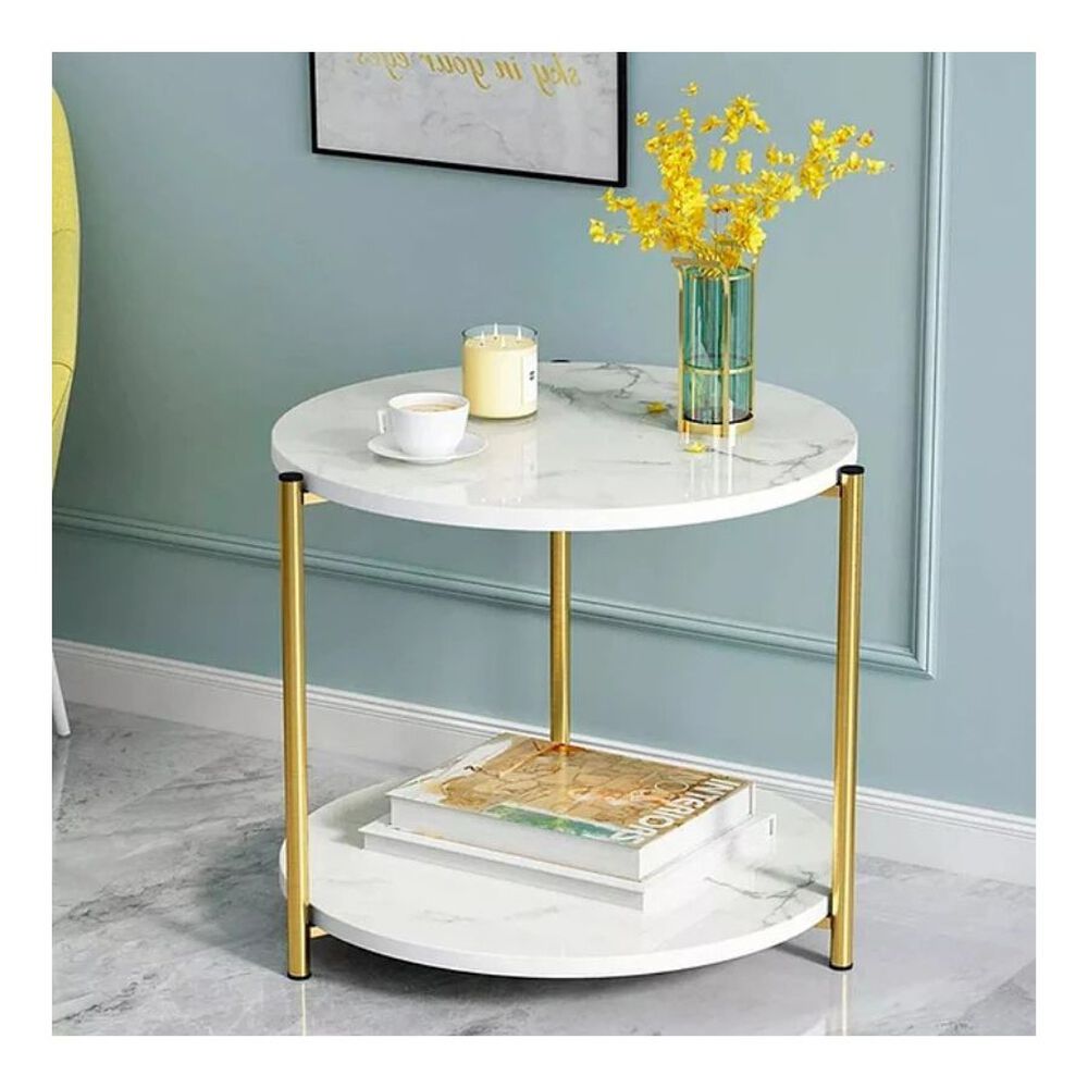 Mesa Auxiliar Moderna Marmoleado Decoracion Redondo Blanco image number 1.0