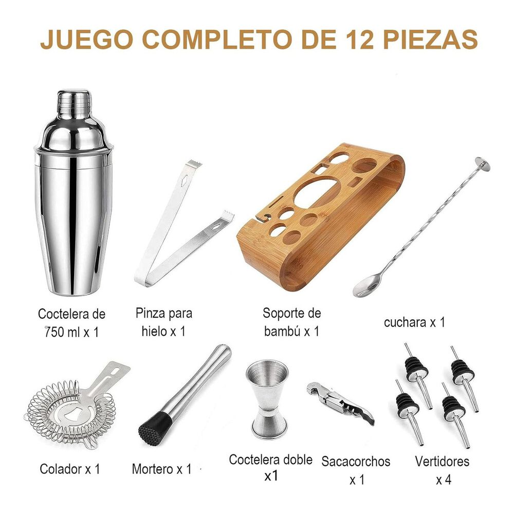 Kit Coctelería 12 Pzs Acero Inoxidable Coctelera 750ml image number 1.0