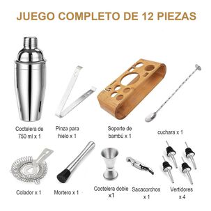 Kit Coctelería 12 Pzs Acero Inoxidable Coctelera 750ml