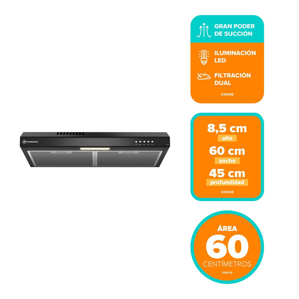 Campana De Cocina Extractora 60cm Gran Poder Succi&oacute;n Dm6sb image number 1.0