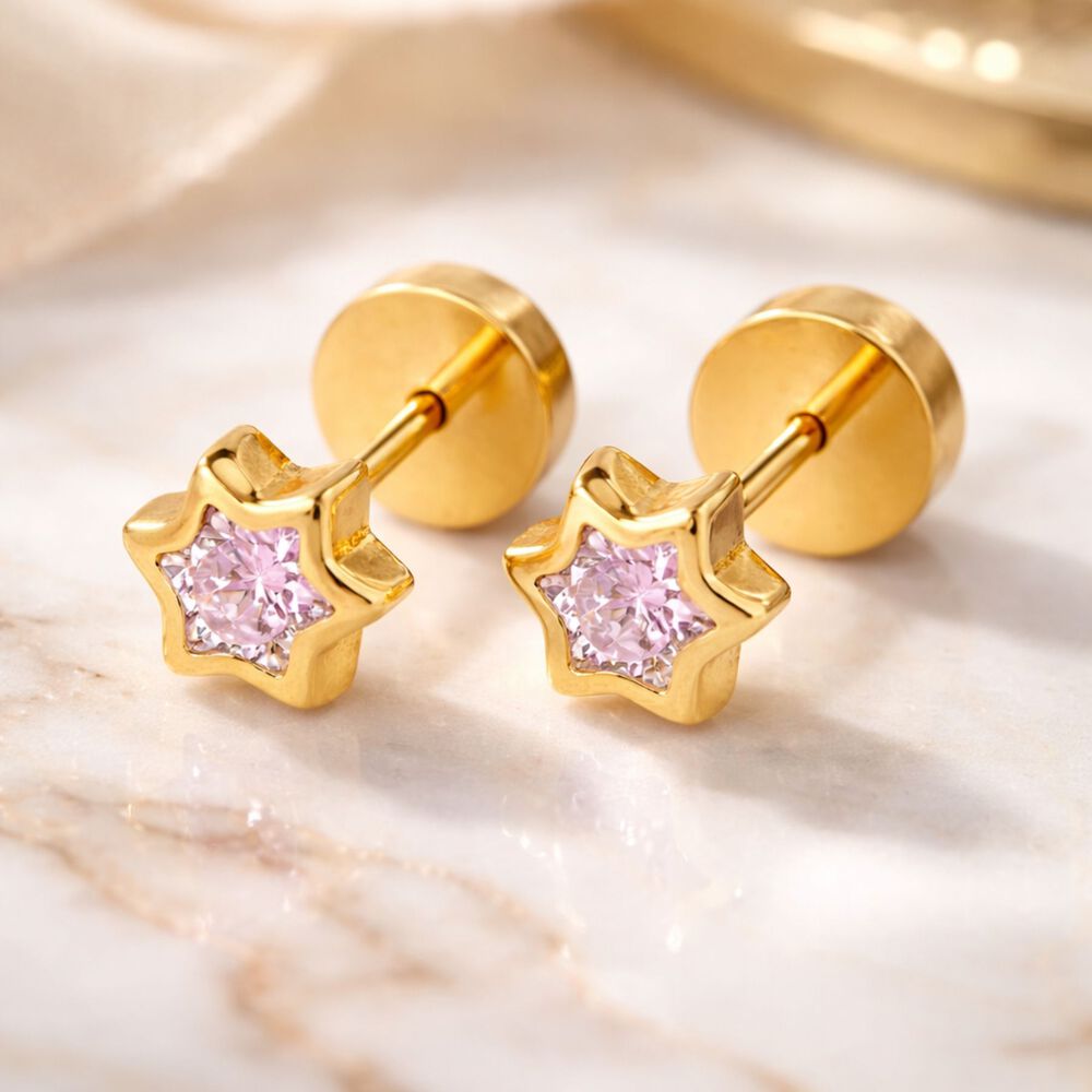 Aros Abridores Estrella 6 Puntas 5 Mm Oro 18k Con Circ&oacute;n Y Tope A Presi&oacute;n image number 1.0