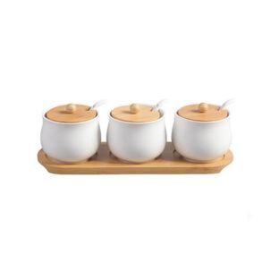 Set 3 Especieros Cer&aacute;mica Blanca Tapa Base Bamb&uacute; Con Cucharitas