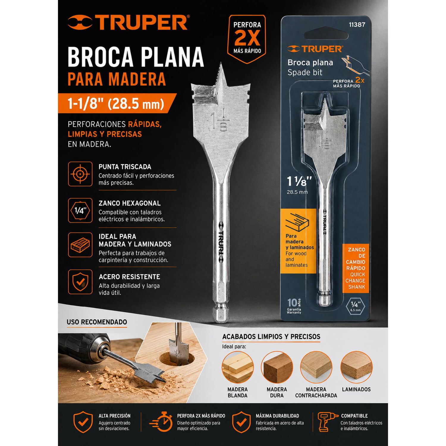 Broca Plana Para Madera 1-1/8 Pulg Truper Alta Precisi&oacute;n image number 6.0