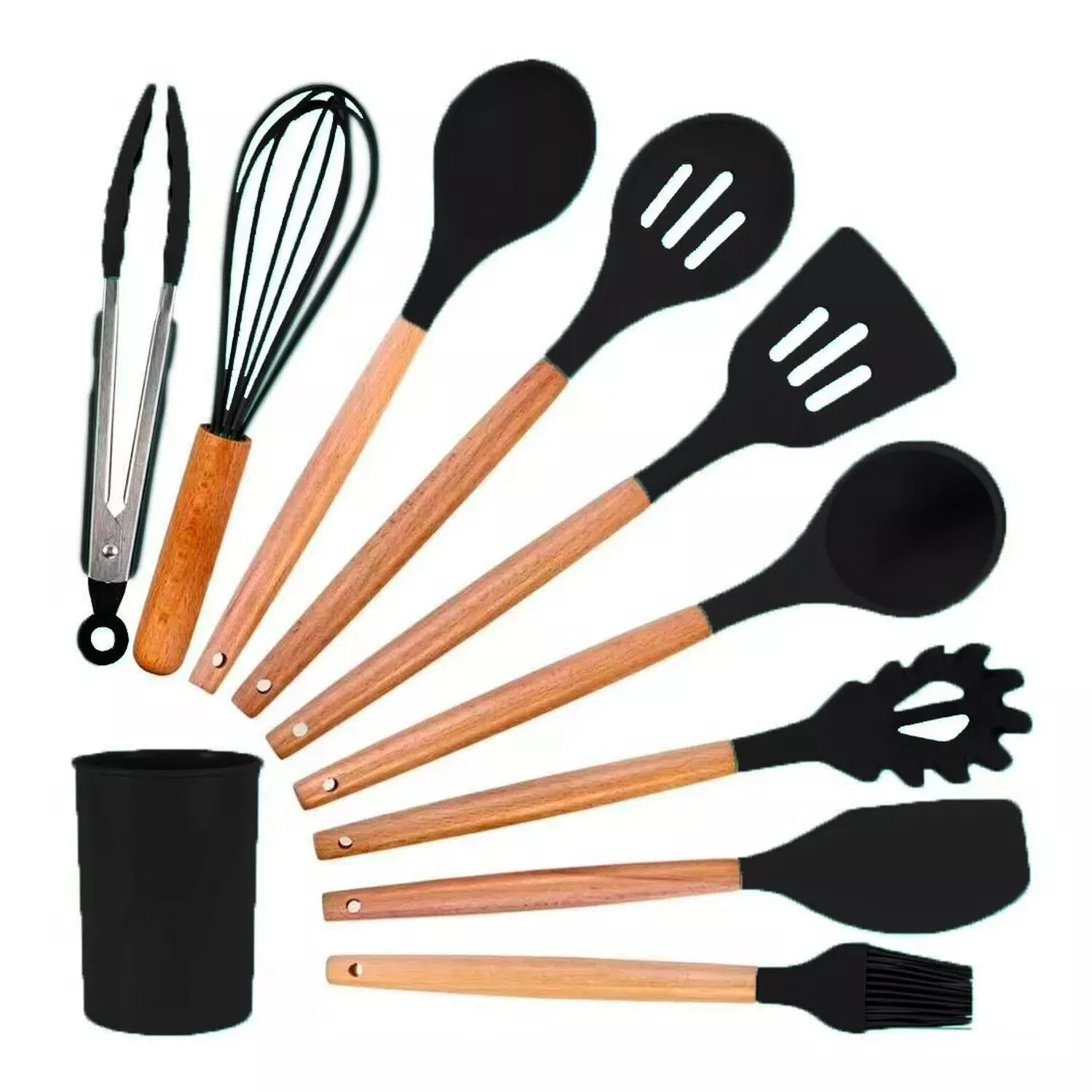 Set De Utensilios De Silicona Y Madera Para Cocina Negro image number 2.0